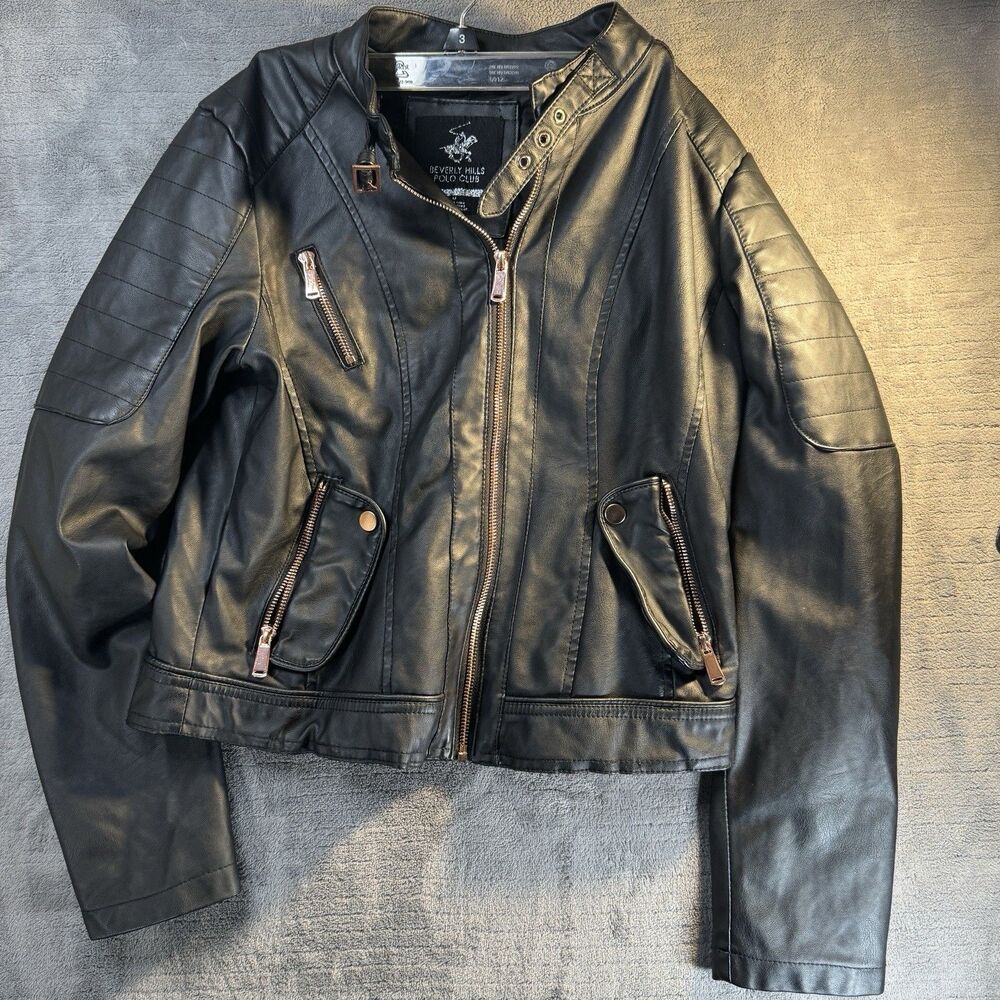 Beverly Hills Polo Club Faux Leather Bomber Jacket - Black Women Medium Chic - Picture 11 of 12